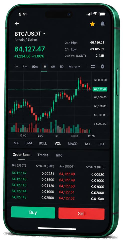 Application mobile Fruit Avoirançe — graphique BTC/USDT en direct, carnet d’ordres et outils de trading